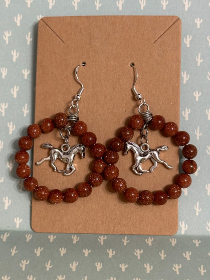 Brown Goldstone Circle Dangle Horse Earrings