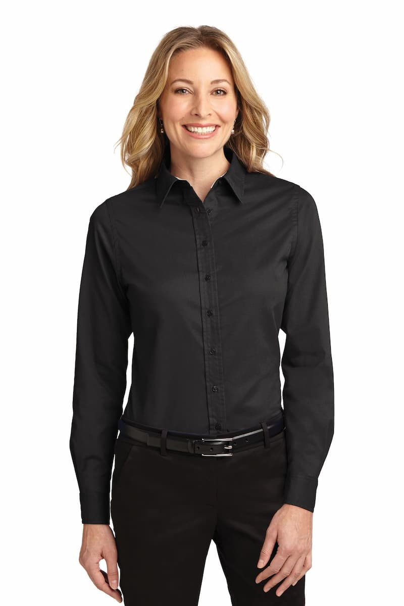 Port Authority L608 Ladies Long Sleeve Easy Care Shirt - Black/ Light Stone, XS Port Authority L608 Ladies Long Sleeve Easy Care Shirt - Black/ Light Stone, XS