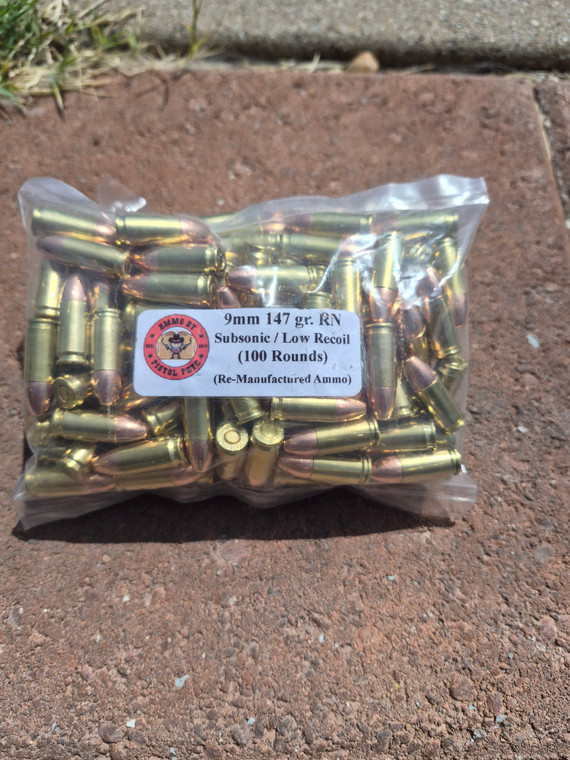 Subsonic 9mm Ammo 147 gr. Round Nose Low Recoil (100 Rounds) Re-Manufactured Ammunition