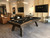 Mid-Century contemporary slate pool table. Crafted with solid wood and finished in antique coffee.