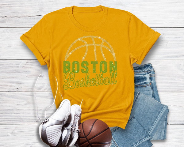 Boston Basketball Game Day Rhinestone T-Shirt, Retro Minimalist Style With Team Colors Shirt, Sports Lover Gift, Team Spirit Wear Tee