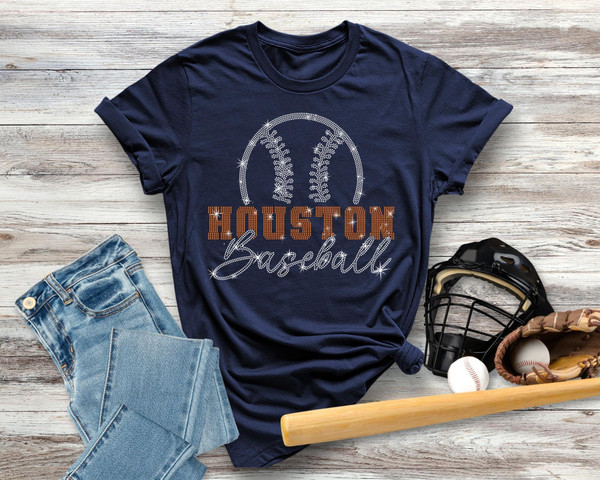 Houston Baseball Rhinestone T-Shirt, Retro Game Day Apparel, Baseball Mom Shirt, Team Spirit Shirt, Baseball Fan Gift For Women and Men