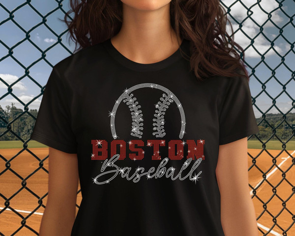 Boston Baseball Rhinestone T-Shirt, Sports Mama Shirt, Sports Glitter Tee, Game Day Tailgate Retro Shirt, Favorite Season Shirt Gift for Her