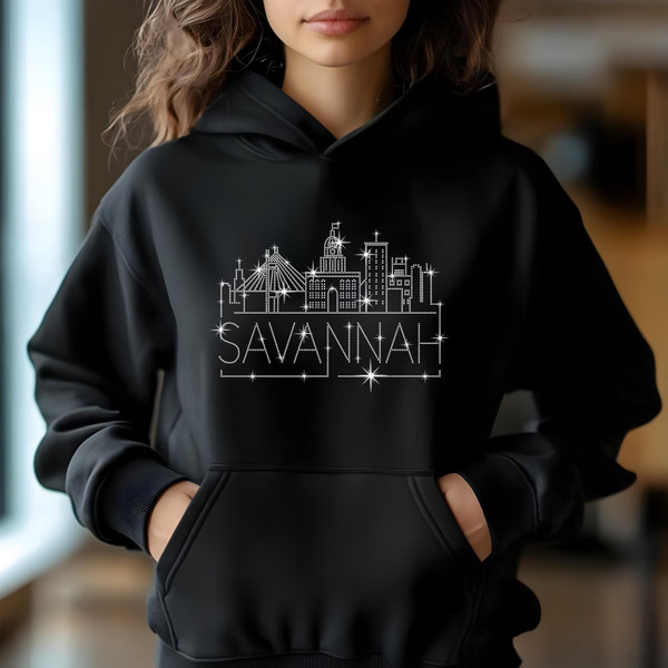 Savannah Rhinestone T-Shirt, Sparkling City Skyline Tee, Women Casual Top, Georgia Pride Shirt, Travel Gift, Cityscape Design Outfit