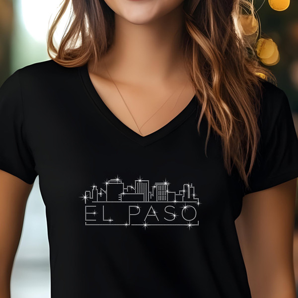 El Paso Rhinestone T-Shirt, Sparkling City Skyline Tee, Women’s Casual Top, Glitter Texas Design, Colorado Gift for Her