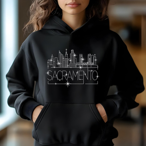 Sacramento Rhinestone T-Shirt, Sparkling City Skyline Tee, Women Casual Top, California Pride Shirt, Travel Gift, Cityscape Design Outfit
