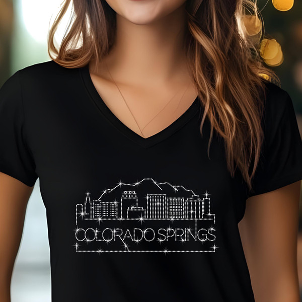 Colorado Springs Rhinestone T-Shirt, Sparkling City Skyline Tee, Women’s Casual Top, Glitter Colorado Design, Colorado Gift for Her