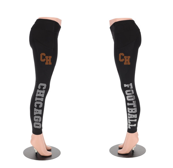 Chicago Rhinestone Football Leggings, Bling Football Fans Leggings, Active Wear Yoga Pant, Game day sports leggings with side Pocket