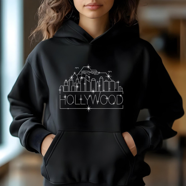 Hollywood Rhinestone T-Shirt, Sparkling City Skyline Tee, Women Casual Top, California Pride Shirt, Travel Gift, Cityscape Design Outfit