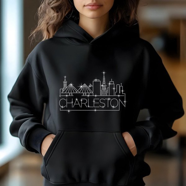 Charleston Rhinestone T-Shirt, Sparkling City Skyline Tee, Women’s Casual Top, Glitter Charleston Design, South Carolina Pride Shirt