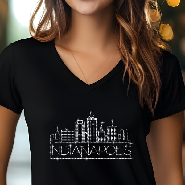 Indianapolis Rhinestone T-Shirt, Sparkling City Skyline Tee, Women’s Casual Top, Glitter Indiana Design, Indiana Gift for Her