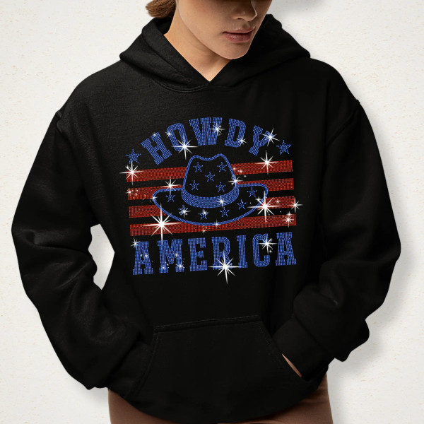 Howdy America with Hat Rhinestone T-shirt, Independence Day Apparel, Fourth of July Tee Shirt, American Pride Shirt, USA Patriotic Shirt