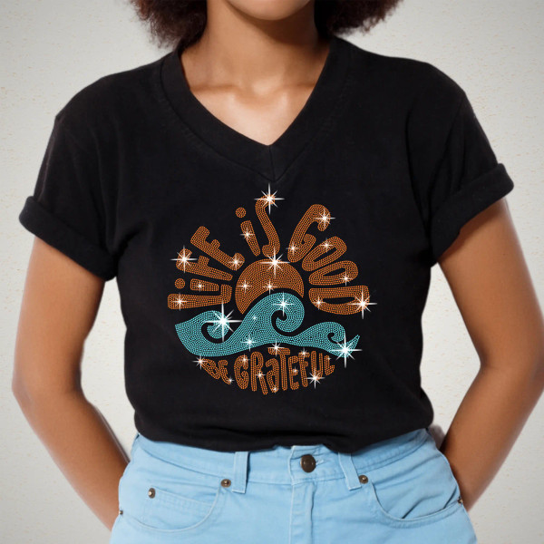 Life is Good Be Grateful Rhinestone T-Shirt, Family Beach Trip Shirt, Casual Seaside Tee, Summer Vibes Top, Coastal Camping Tee-Shirt