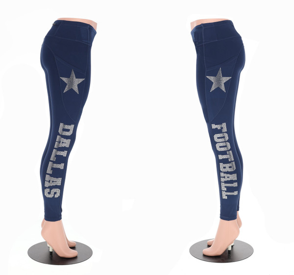 Dallas Rhinestone Football Leggings, Team Fans Leggings for Active Wear, Game Day Sports Leggings, Women Football Yoga Leggings