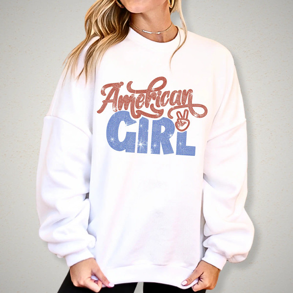 American Girl Rhinestone T-Shirt with Handwriting Design, Women's Favorite Memorial Day Tee, Independence Day Patriotic Gift for Her and Him