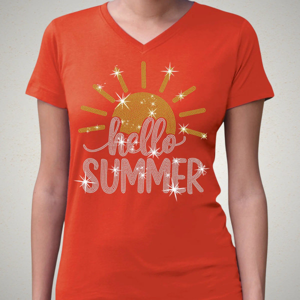 Hello Summer Rhinestone T-Shirt, Funny Vacation Shirt, Vintage Sunshine Tee-Shirt, Graduation Gift Shirt, Camping Shirt, Beach Trip Tee