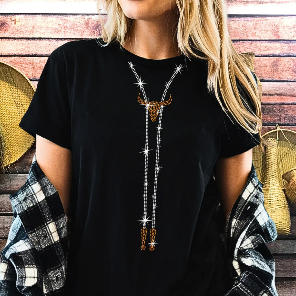 Longhorn Necklace Themed Rhinestone T-shirt, Birthday, Music Concert or Wedding Gift for Women, Country Girl Tee-Shirt, Cowgirl Style Shirt Longhorn Necklace Themed Rhinestone T-shirt, Birthday, Music Concert or Wedding Gift for Women, Country Girl Tee-Shirt, Cowgirl Style Shirt