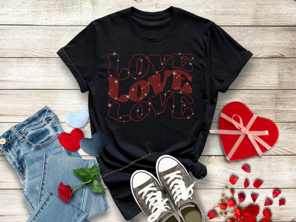 Love Love Love Comfort Color Rhinestone T-Shirt, Stylish Cool Gift for Girlfriend or Boyfriend, Unisex Love Shirt, Matching Outfit
