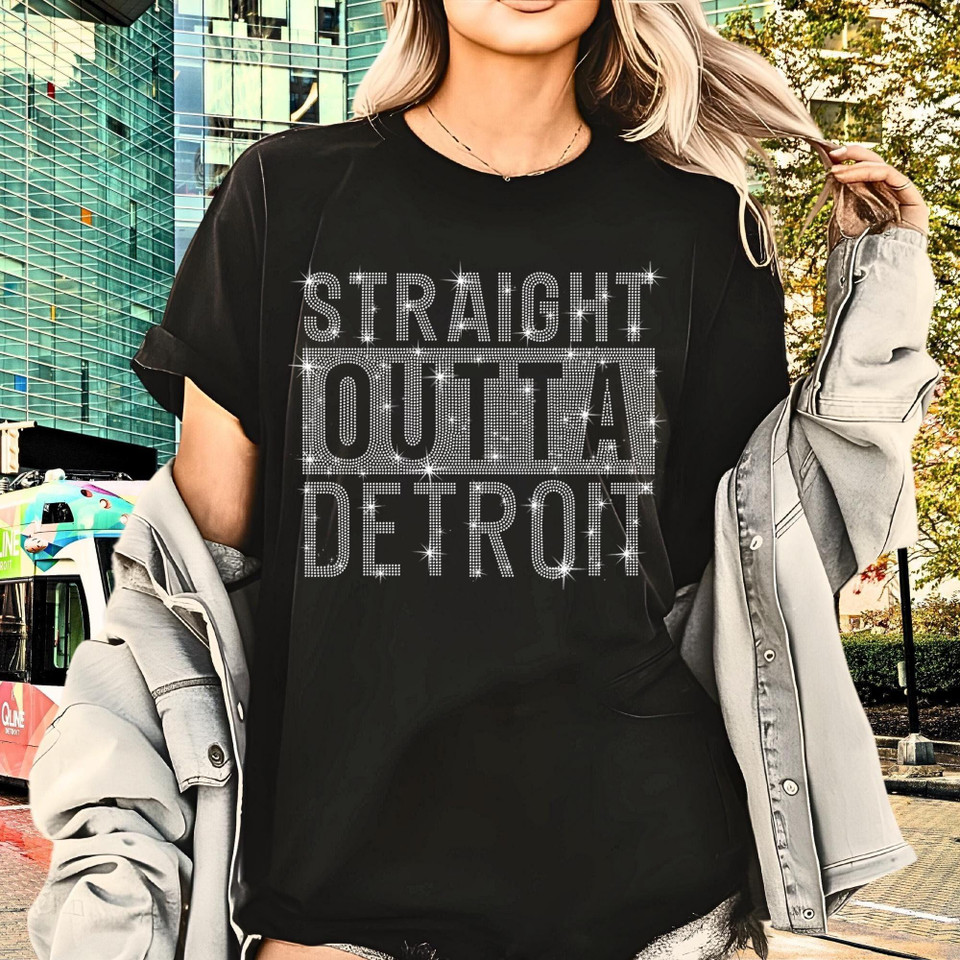 Straight Outta Detroit Rhinestone T-Shirt, Hometown Design Top, Sports Vintage-Retro Style Shirt, City Fashion Sweatshirt, Unique Tour Gift