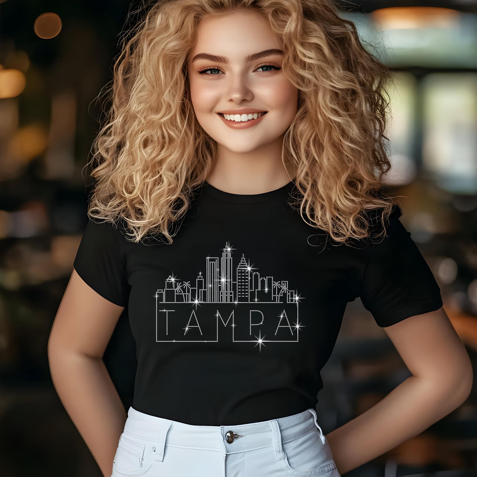 Tampa Bay Rhinestone T-Shirt, Sparkling City Skyline Tee, Women Casual Top, Florida Pride Shirt, Travel Gift, Cityscape Design Outfit