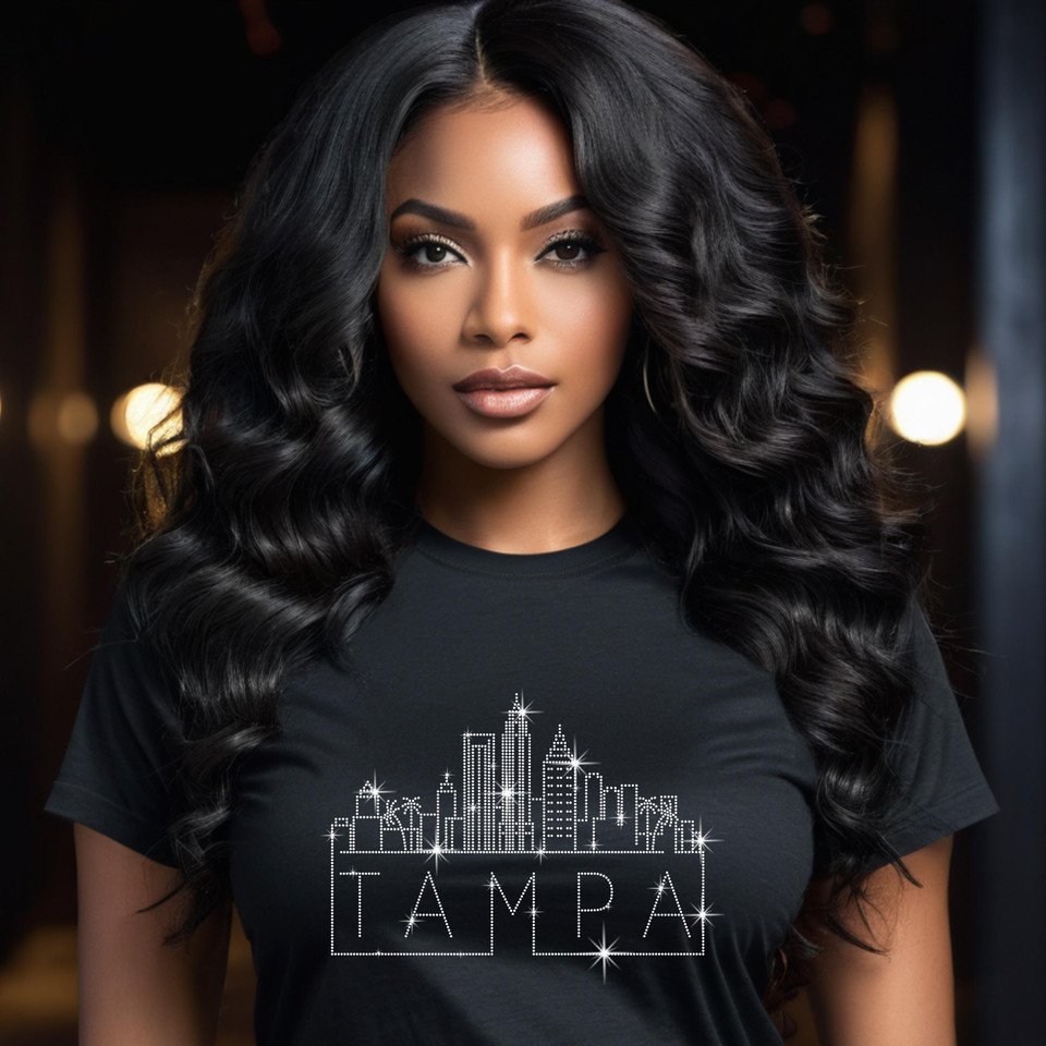 Tampa Bay Rhinestone T-Shirt, Sparkling City Skyline Tee, Women Casual Top, Florida Pride Shirt, Travel Gift, Cityscape Design Outfit