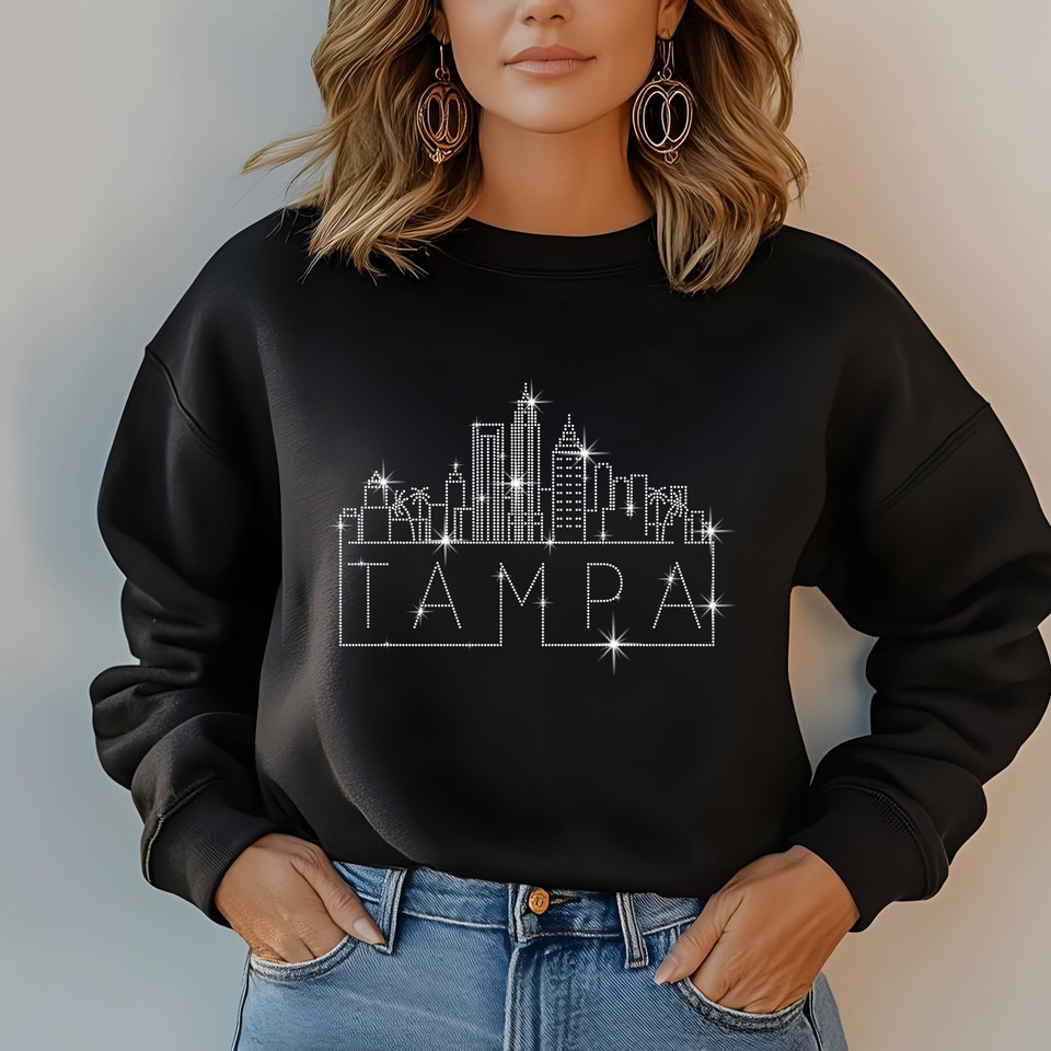 Tampa Bay Rhinestone T-Shirt, Sparkling City Skyline Tee, Women Casual Top, Florida Pride Shirt, Travel Gift, Cityscape Design Outfit