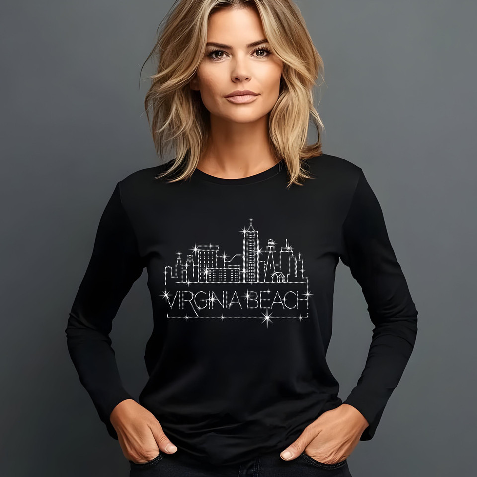 Virginia Beach Rhinestone T-Shirt, Sparkling City Skyline Tee, Women Casual Top, Virginia Pride Shirt, Travel Gift, Cityscape Design Outfit