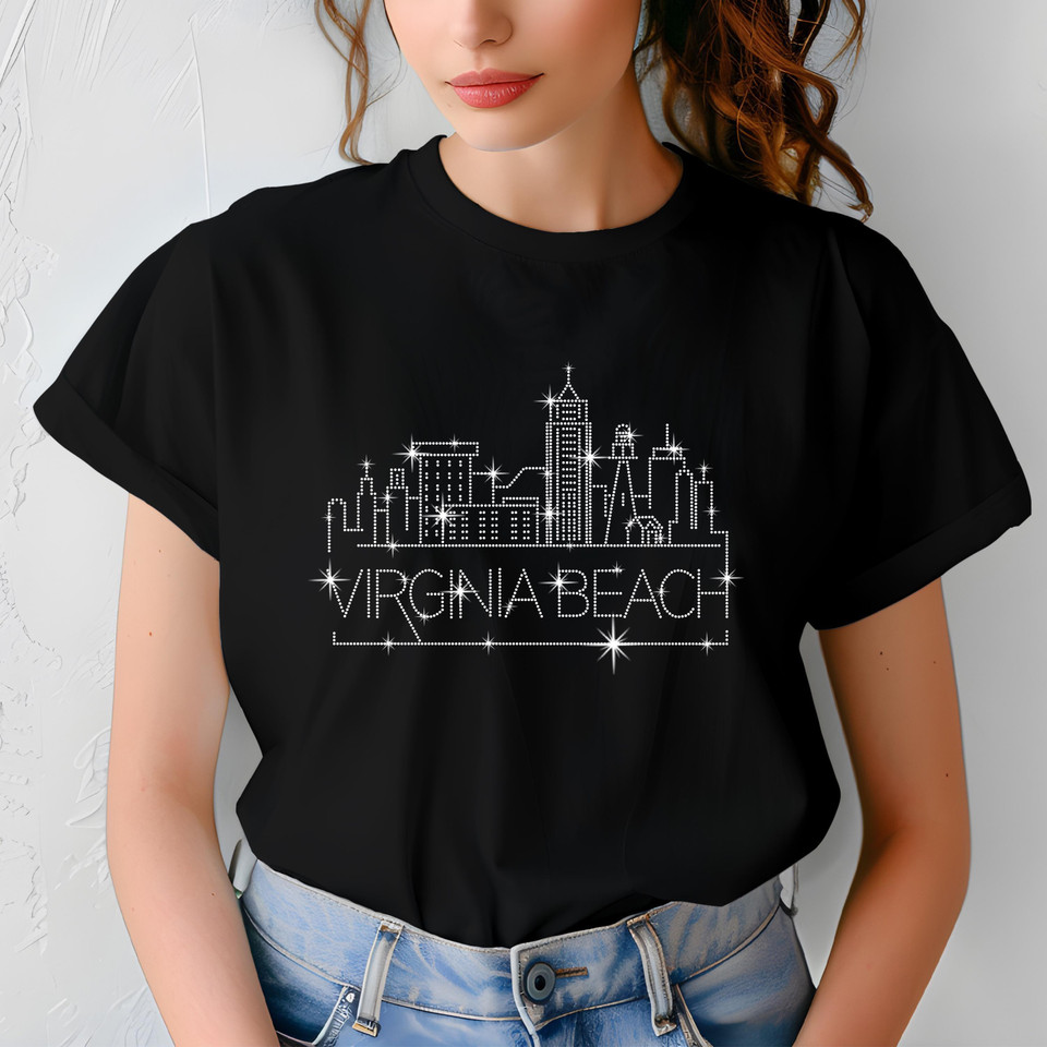 Virginia Beach Rhinestone T-Shirt, Sparkling City Skyline Tee, Women Casual Top, Virginia Pride Shirt, Travel Gift, Cityscape Design Outfit