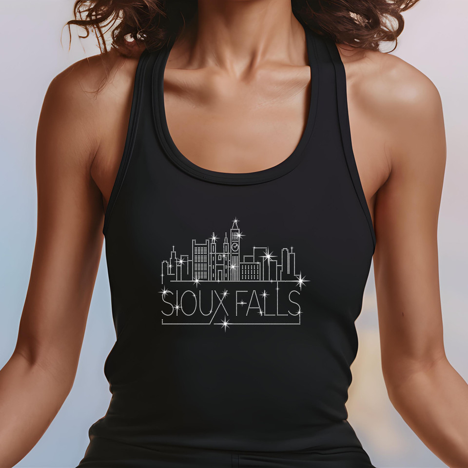Sioux Falls Rhinestone T-Shirt, Sparkling City Skyline Tee, Women Casual Top, South Dakota Pride Shirt, Travel Gift, Cityscape Design Outfit