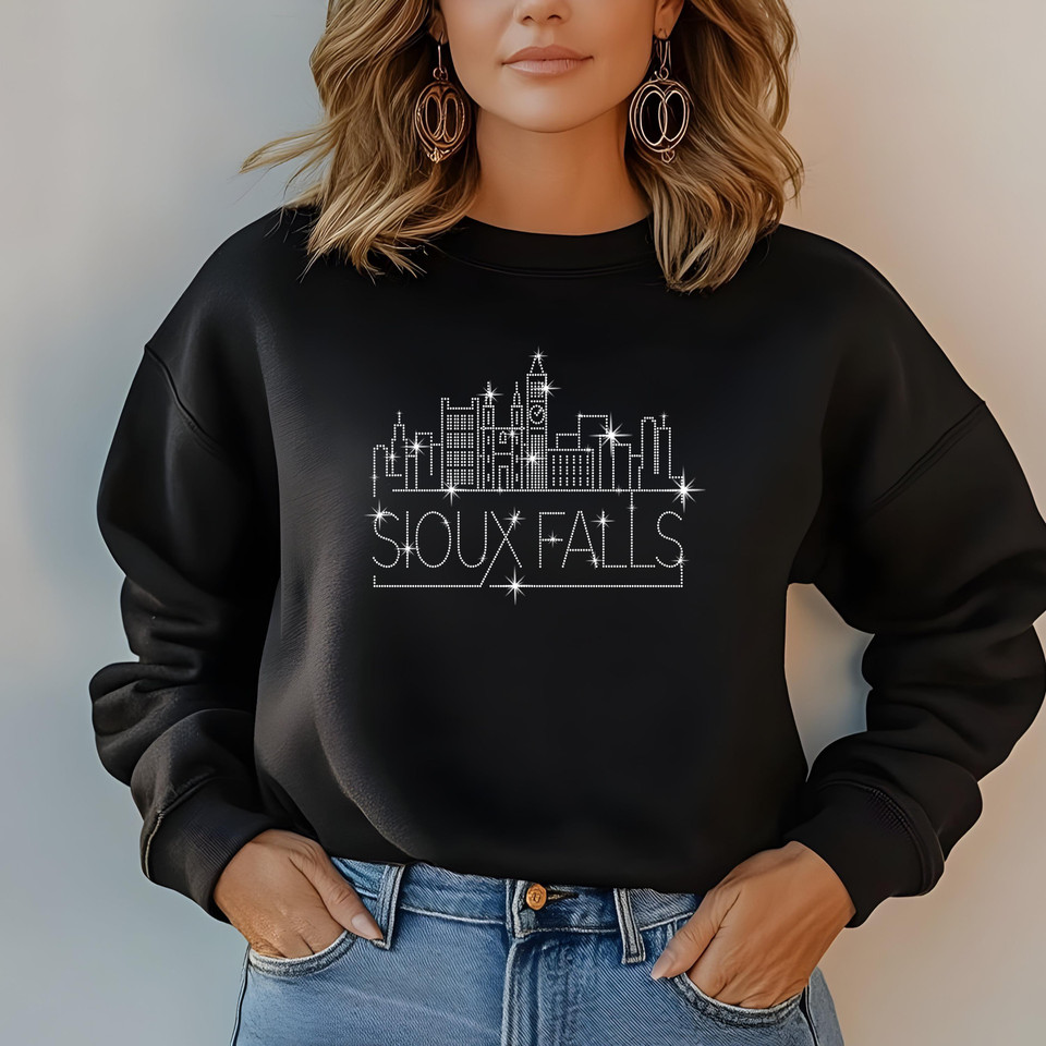 Sioux Falls Rhinestone T-Shirt, Sparkling City Skyline Tee, Women Casual Top, South Dakota Pride Shirt, Travel Gift, Cityscape Design Outfit