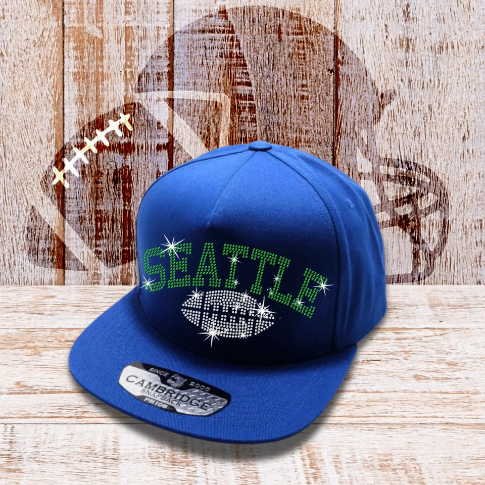 Seattle Football Rhinestone Snapback Hat, Special Gift for Game Day, Unique Sports-themed Design Cotton Hats, Sports Lovers Team Hat