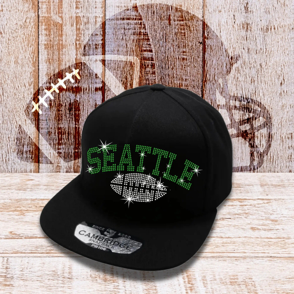 Seattle Football Rhinestone Snapback Hat, Special Gift for Game Day, Unique Sports-themed Design Cotton Hats, Sports Lovers Team Hat