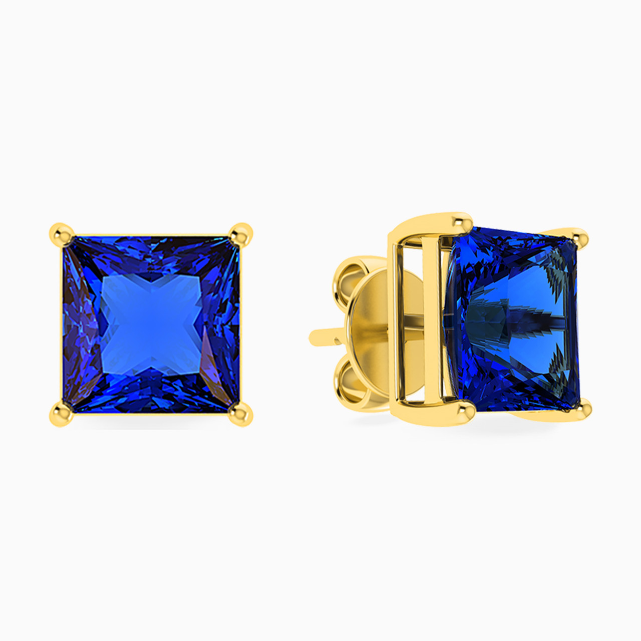 Square Blue Stone Stud Earrings in 18K Gold - 2 Square Blue Stone Stud Earrings in 18K Gold - 2