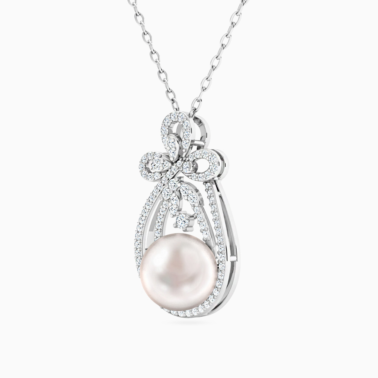 Pear Diamond & Pearl Necklace in 18K Gold - 2 Pear Diamond & Pearl Necklace in 18K Gold - 2