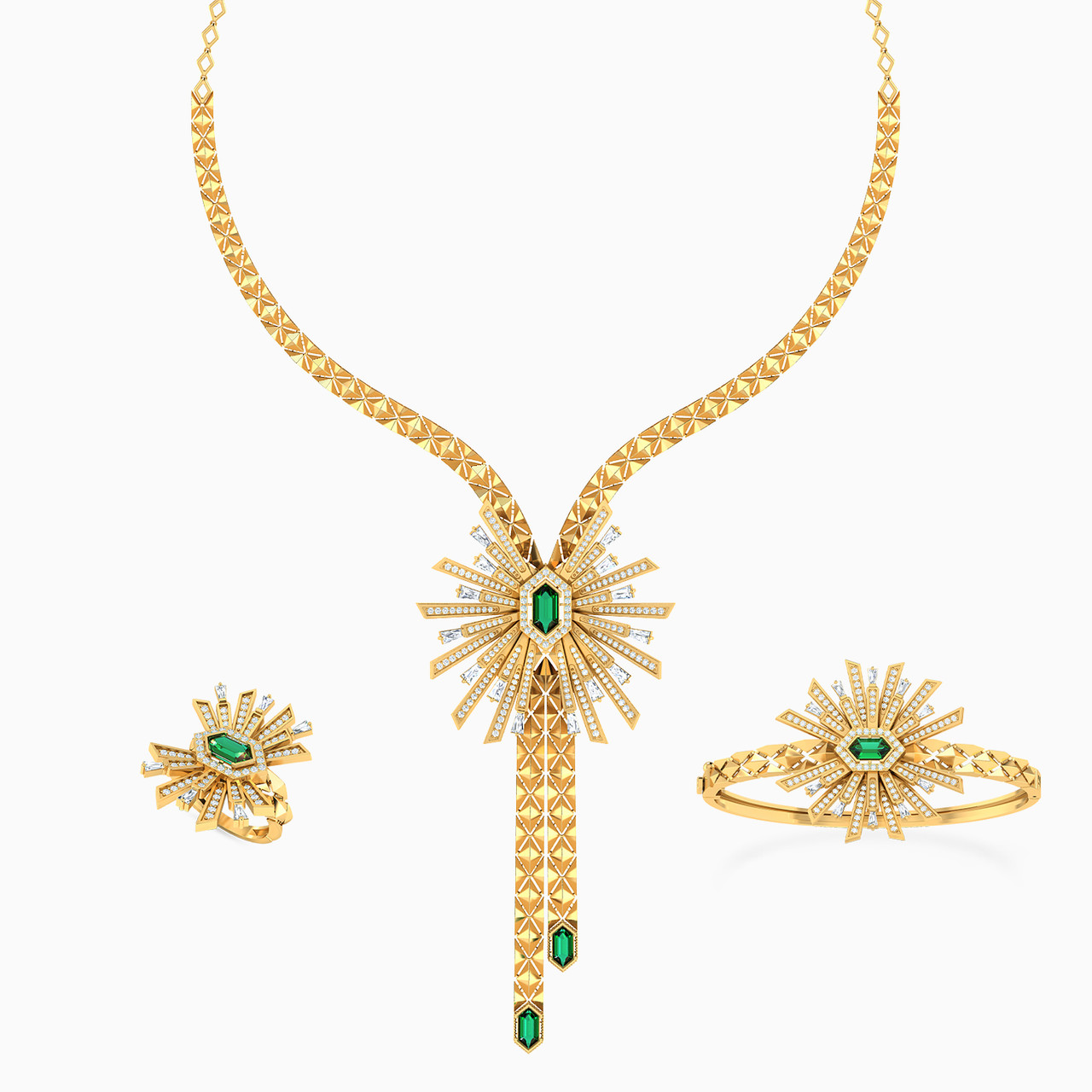 Multi Shaped Green Stone Jewelry Set in 18K Gold (3 Pieces) Multi Shaped Green Stone Jewelry Set in 18K Gold (3 Pieces)
