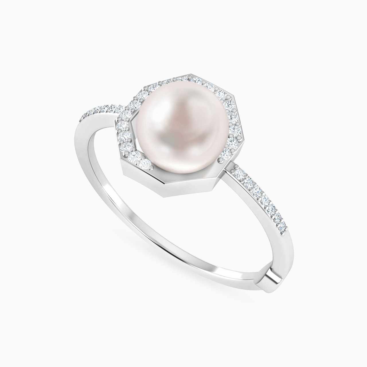 Hexagon Diamond & Pearl Ring in 18K Gold - 3 Hexagon Diamond & Pearl Ring in 18K Gold - 3