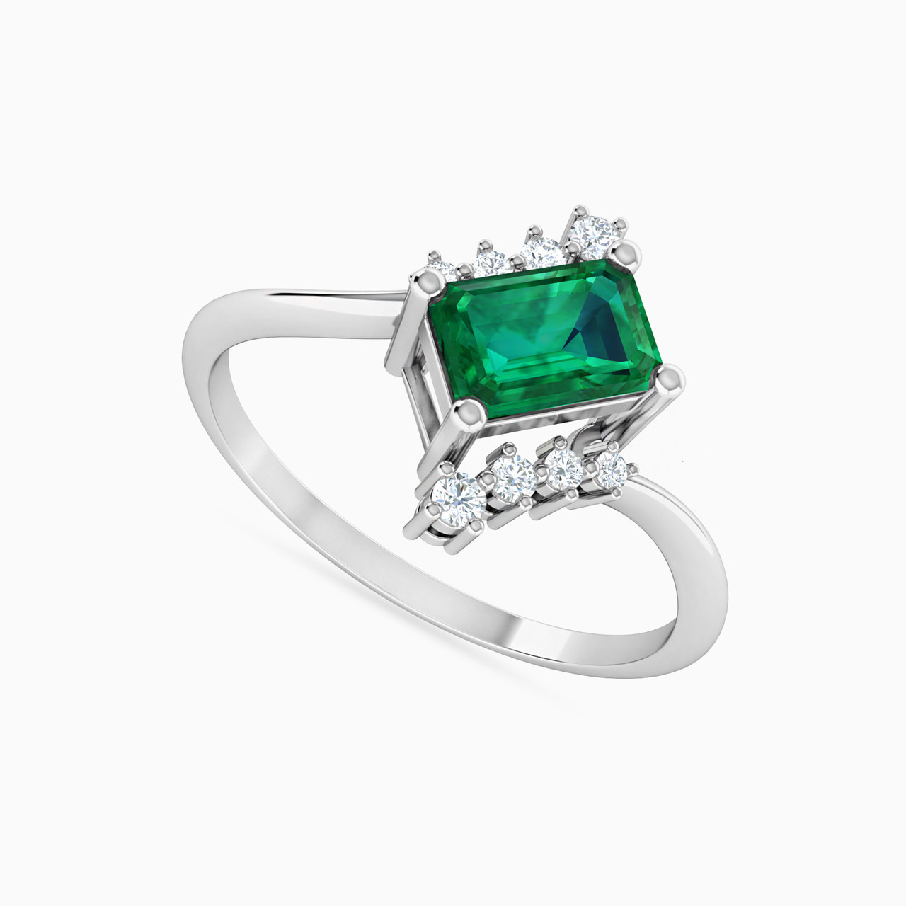 Baguette Diamond & Green Stones Ring in 18K Gold - 2 Baguette Diamond & Green Stones Ring in 18K Gold - 2