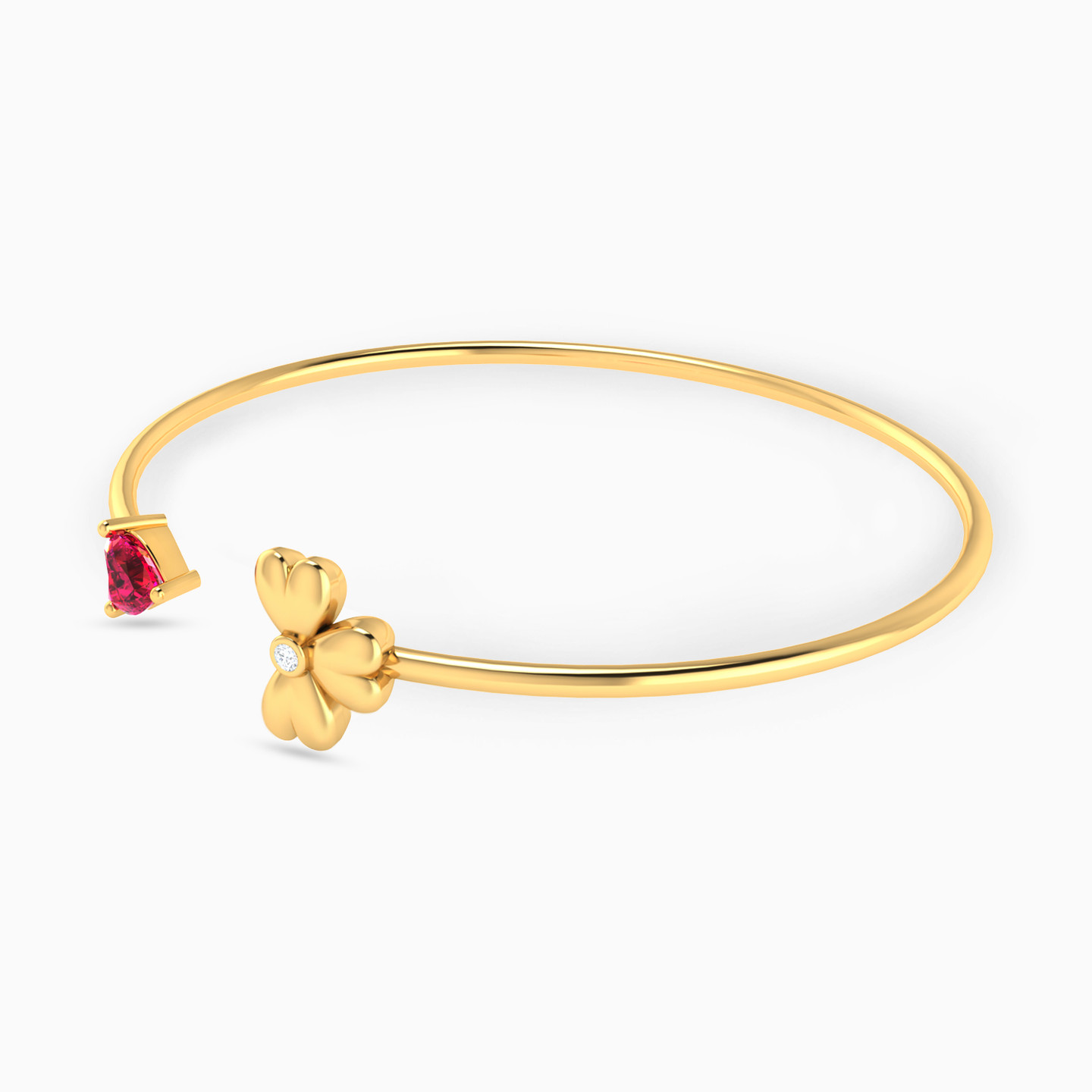 Flower Diamonds & Red Stone Cuff Bracelet in 18K Gold - 2 Flower Diamonds & Red Stone Cuff Bracelet in 18K Gold - 2