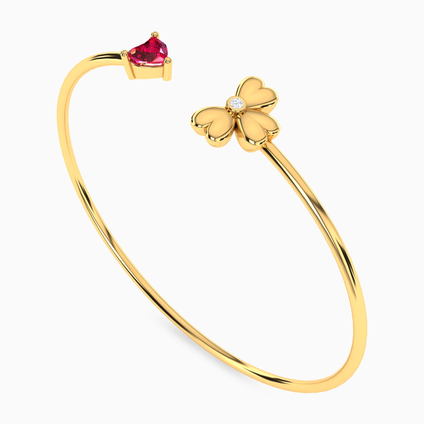 Flower Diamonds & Red Stone Cuff Bracelet in 18K Gold - 3 Flower Diamonds & Red Stone Cuff Bracelet in 18K Gold - 3