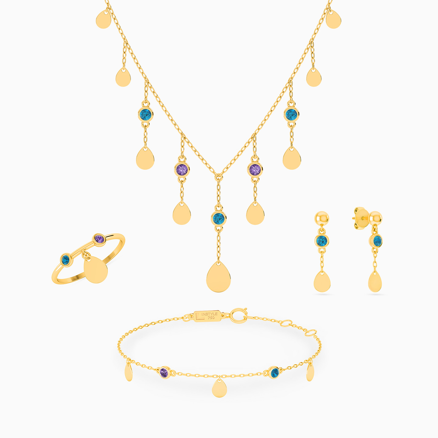 18K Gold Colored Stones Jewelry Set - 4 Pieces