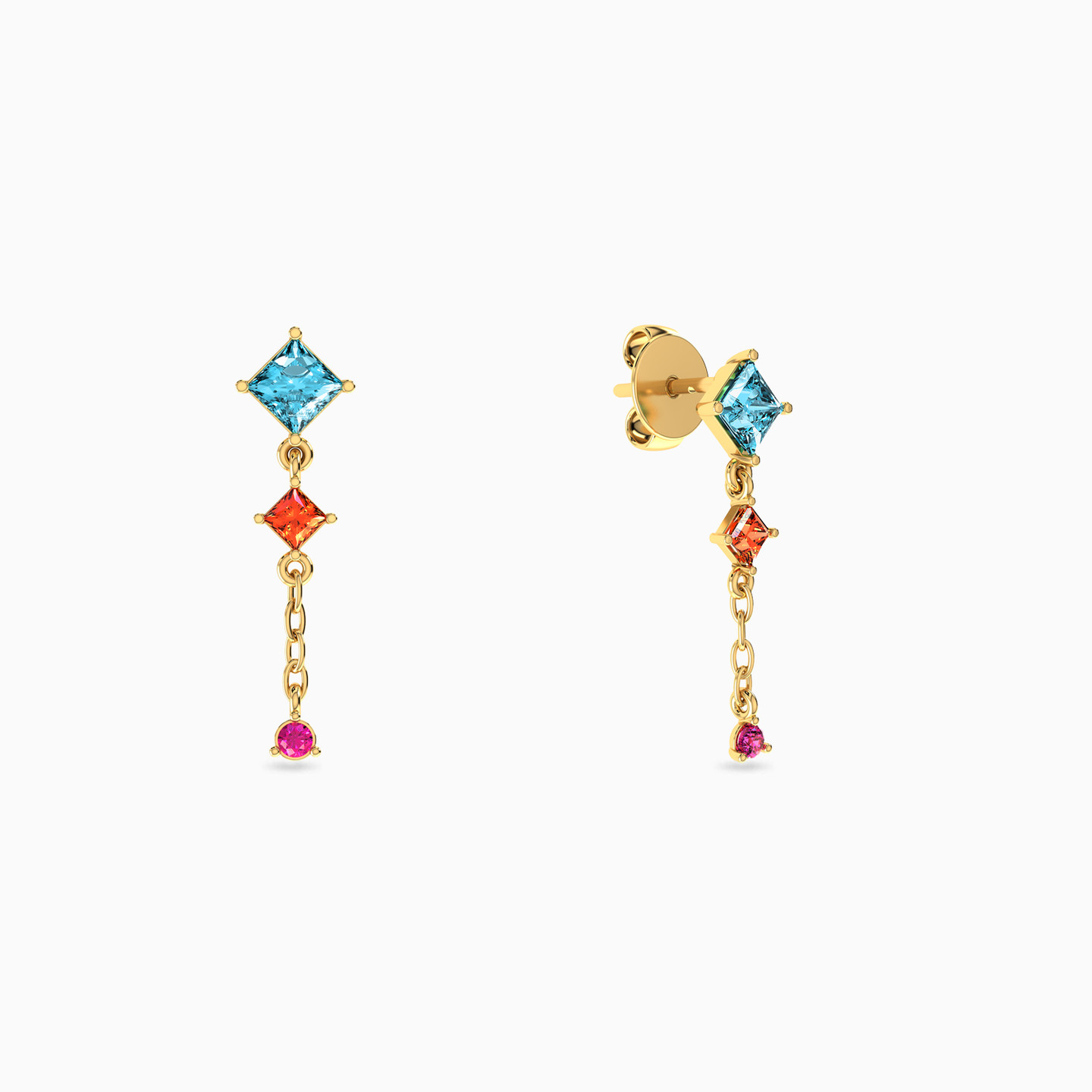 Square Colored Stones Drop Earrings in 18K Gold - 2 Square Colored Stones Drop Earrings in 18K Gold - 2