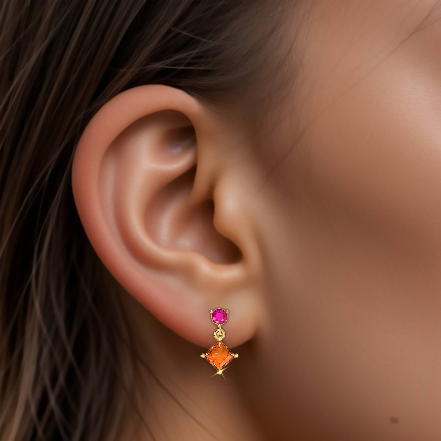 Square Colored Stones Drop Earrings in 18K Gold - 4 Square Colored Stones Drop Earrings in 18K Gold - 4