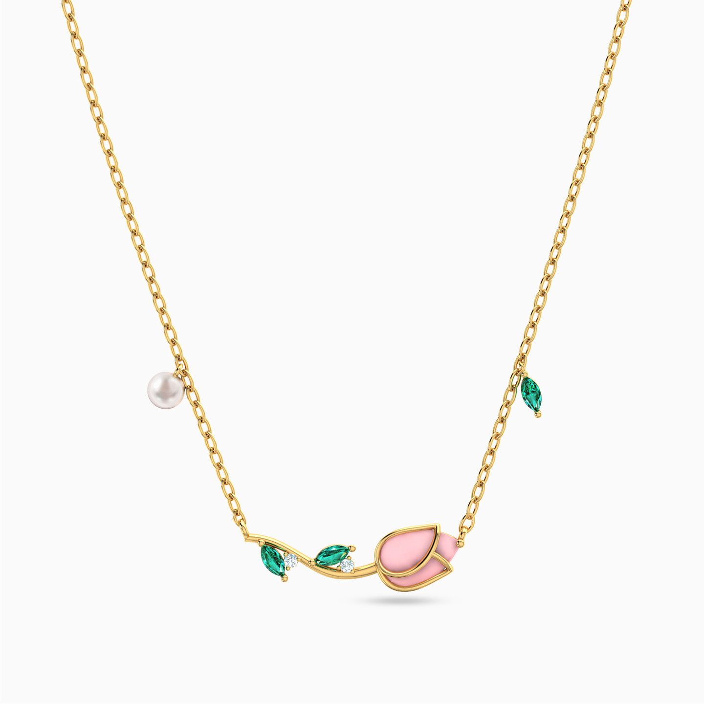 Tulip Shaped Colored Stones Pendant with 18K Gold Chain