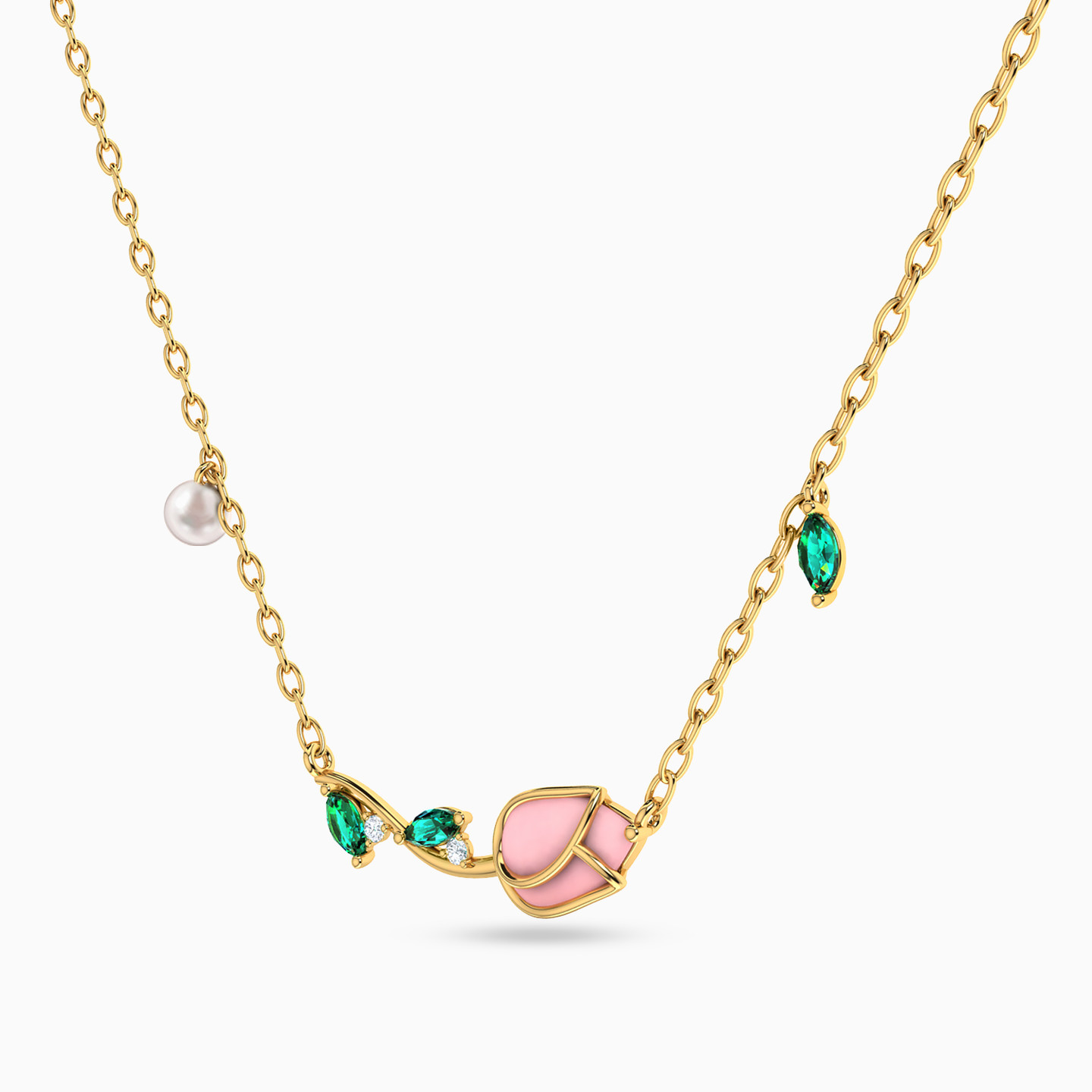 Tulip Shaped Colored Stones Pendant with 18K Gold Chain - 2