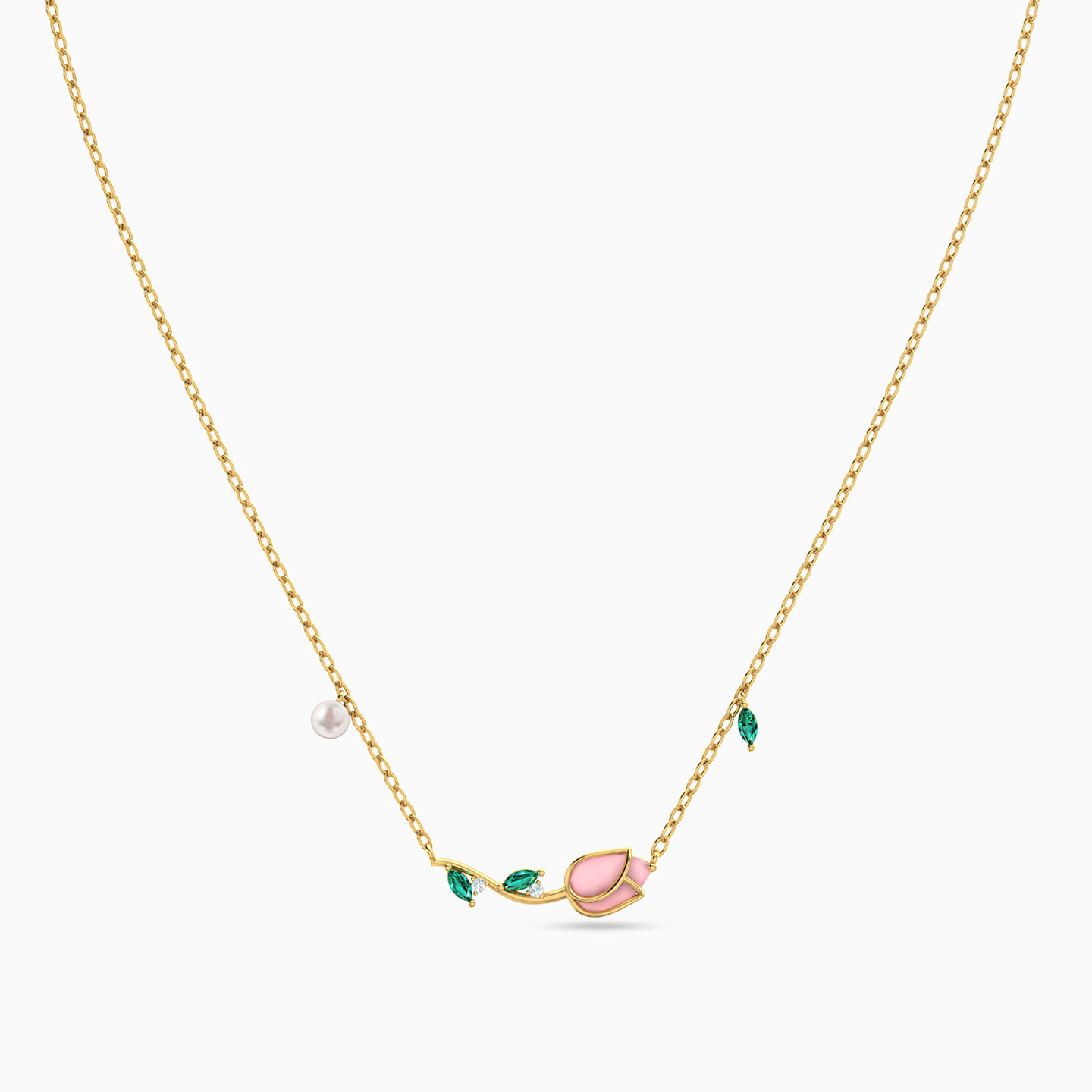 Tulip Shaped Colored Stones Pendant with 18K Gold Chain - 3