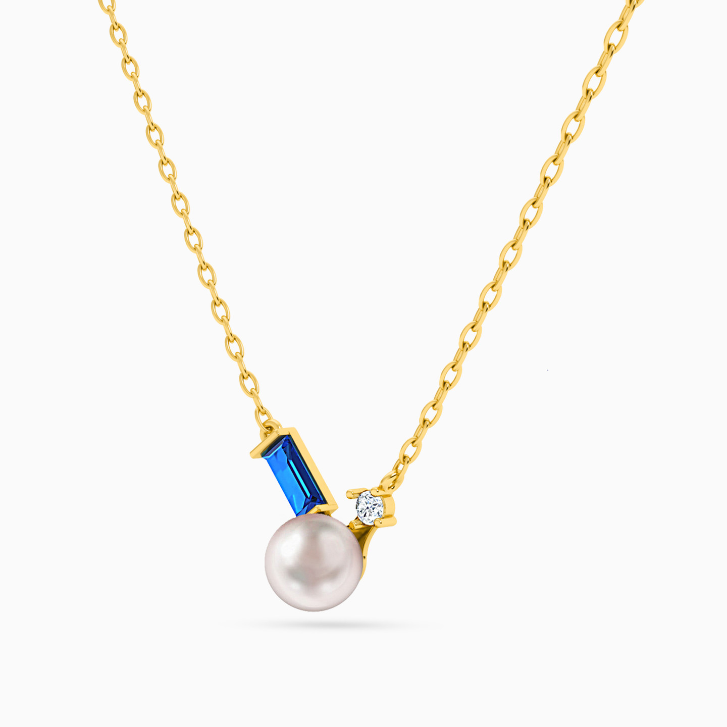 Baguette Pearl & Blue Stone Necklace in 18K Gold - 2
