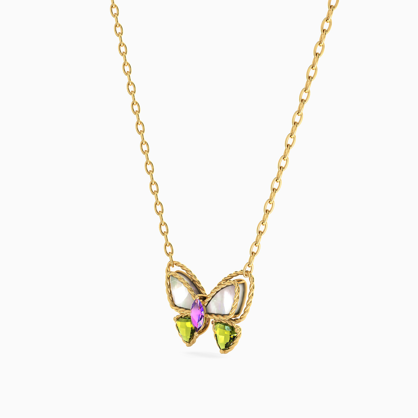 سلسلة ذهب فراشة عيار 18 قيراط مزينة بالأحجار الملونة   - 2