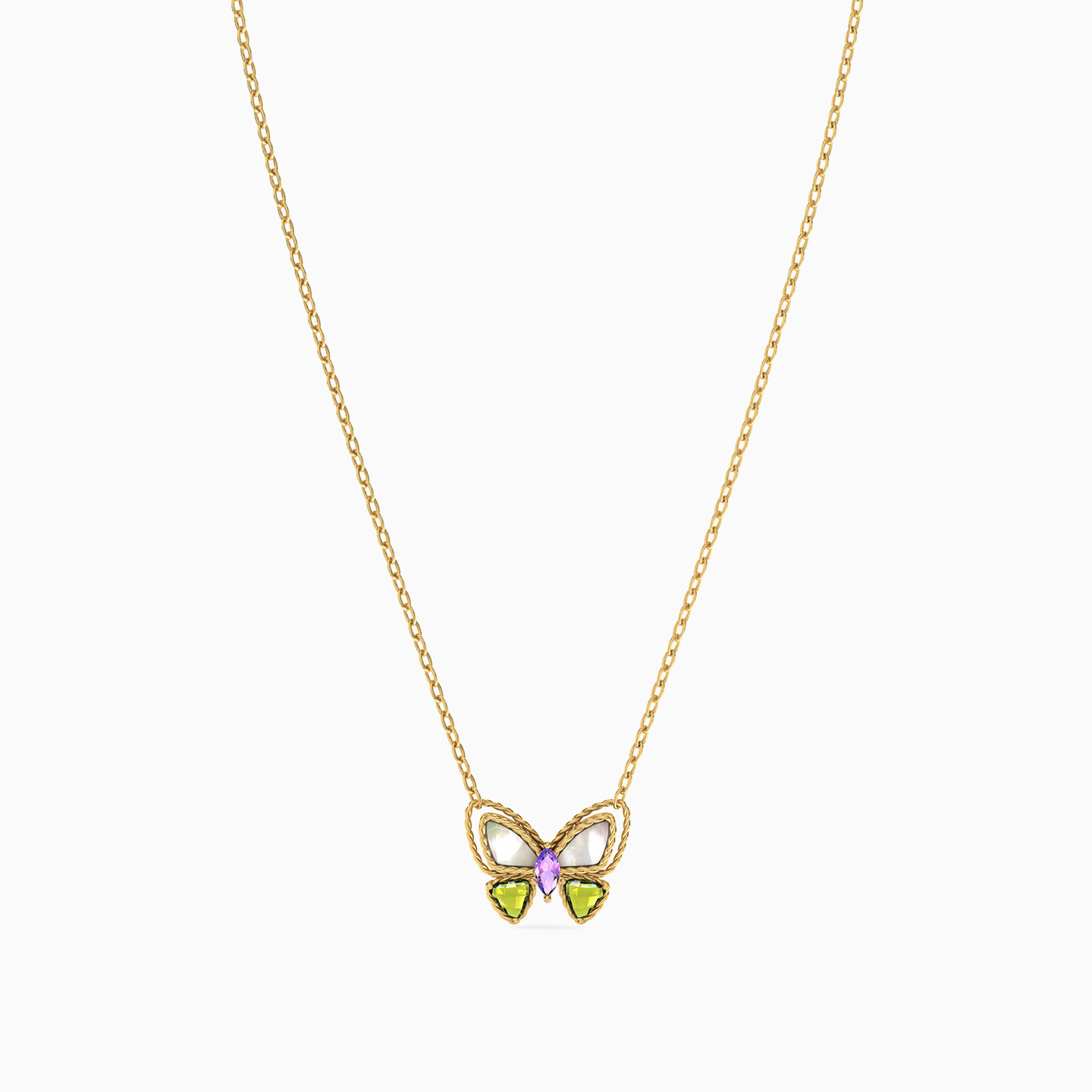 سلسلة ذهب فراشة عيار 18 قيراط مزينة بالأحجار الملونة   - 3