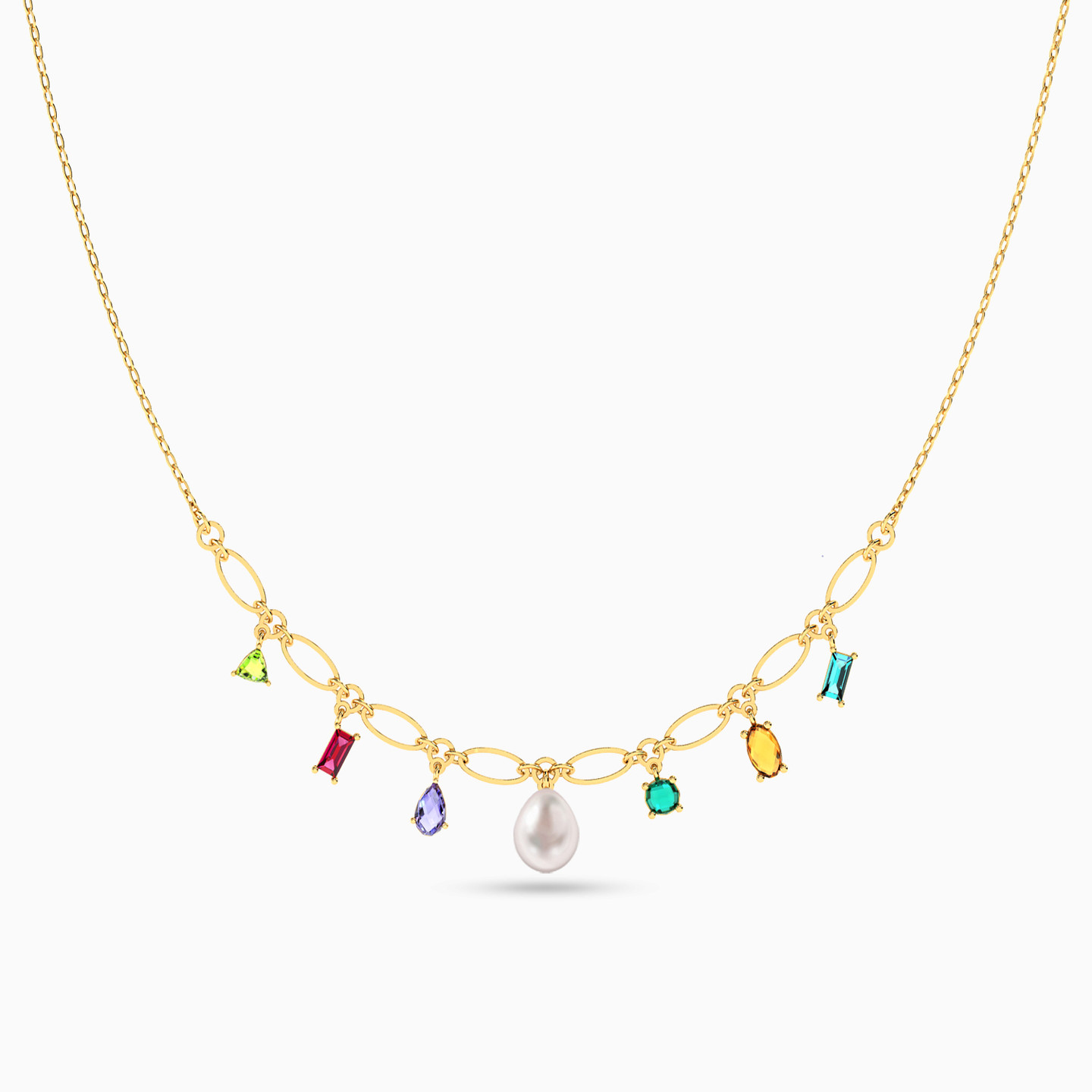 Multishaped Pearl & Colored Stones Chain Necklace in 18K Gold