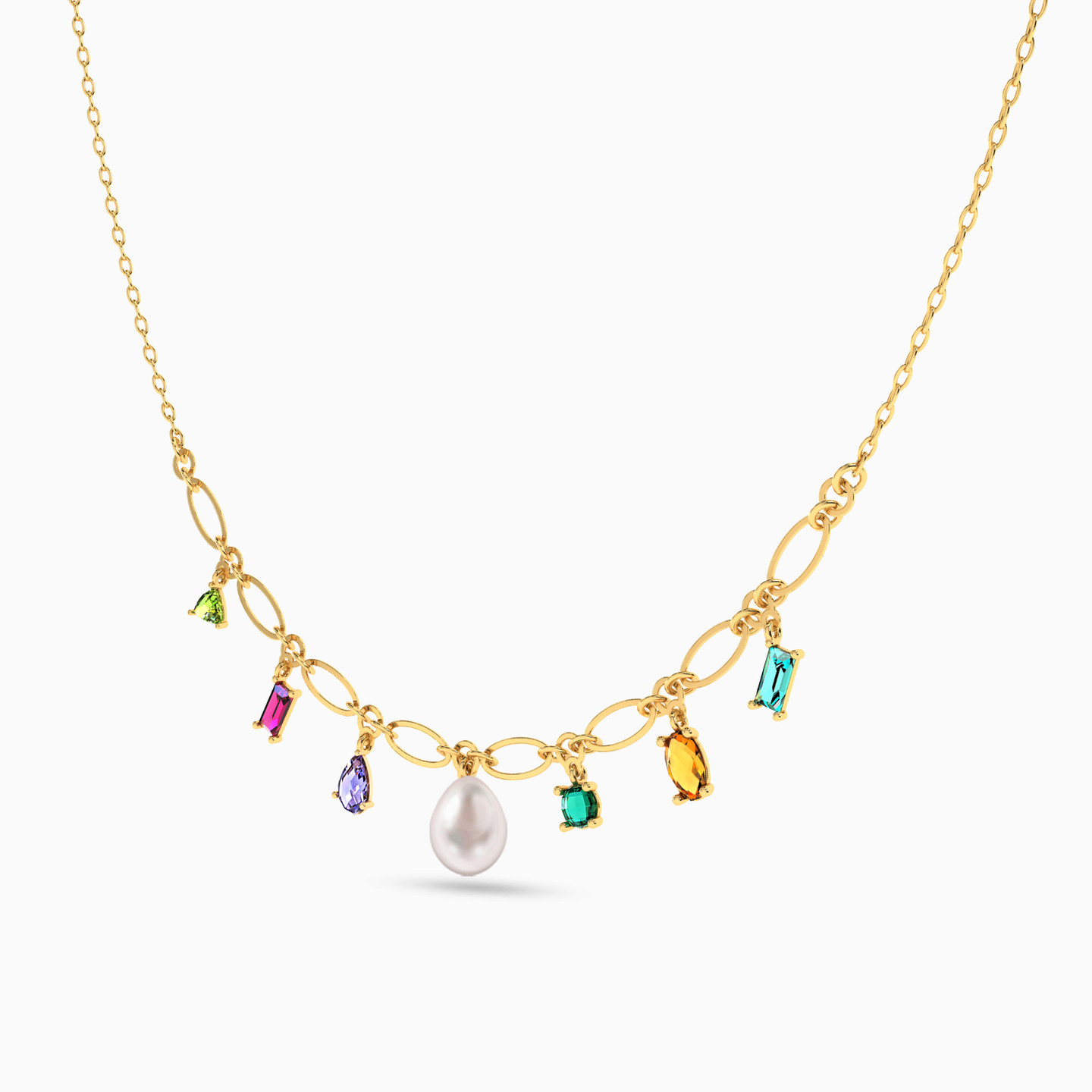 Multishaped Pearl & Colored Stones Chain Necklace in 18K Gold - 2
